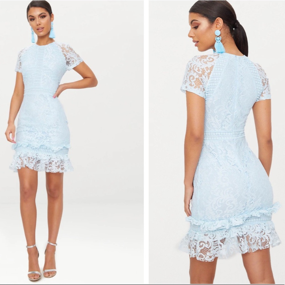 Pretty Little Thing Dusty Blue Frill Hem Lace Bodycon Dress